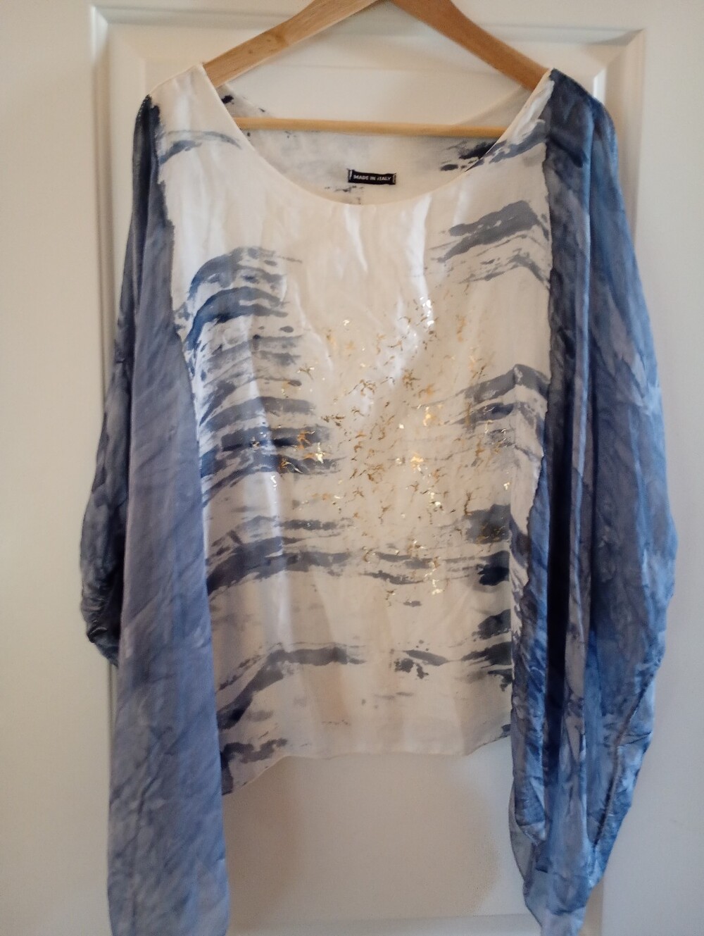 Made in Italy | Silk Blue & White Sheer Batwing Top Metallic Accent | L
